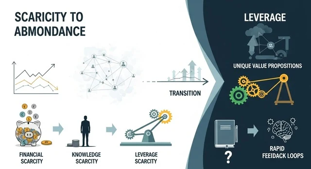 The "Nothing to Lose" Mindset: How Tycoons Turn Scarcity into Billions Infographic illustrating the transformation from financial, network, and knowledge scarcity into leverage, unique value propositions, and rapid feedback loops.