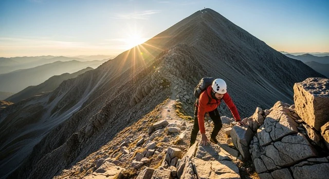 The "Nothing to Lose" Mindset: How Tycoons Turn Scarcity into Billions Metaphorical image of a person climbing a steep mountain path, with the summit representing success, aided by the challenging terrain.